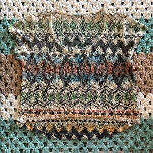 Blue Cream Gray Orange Geometric Patterned Lace Crochet Short Top Womans Small